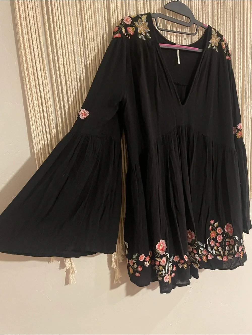 Free People Black Mini Dress with Pink Floral Embroidery